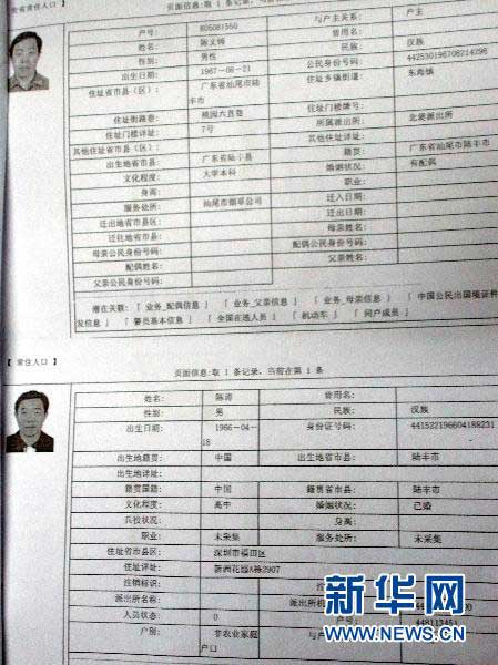 這是廣東省汕尾市煙草局長(zhǎng)陳文鑄兩個(gè)戶口的詳細(xì)資料（1月21日攝）。新華社記者 劉大江 攝