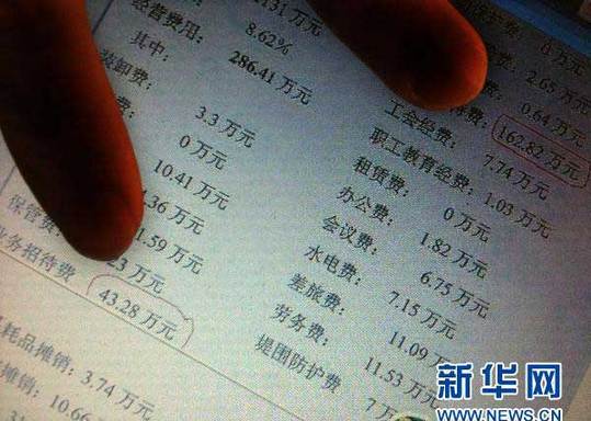 2011年1月13日 “最牛煙草局長”的家族聯(lián)絡(luò)圖網(wǎng)絡(luò)帖子上列出了汕尾煙草公司2010年3月的支出明細(xì)，其中當(dāng)月兩項(xiàng)業(yè)務(wù)招待費(fèi)合計為206．1萬元（2010年12月30日攝）。新華社記者 盧漢欣 攝
