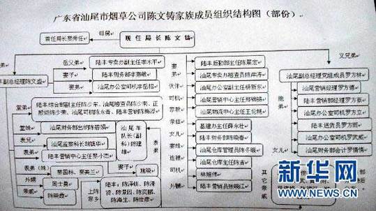 圖為廣東省汕尾市煙草專賣局局長陳文鑄家族成員組織結(jié)構(gòu)圖（1月13日攝）。新華社記者 劉大江 攝