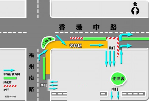 青島佳世客開(kāi)設(shè)等待區(qū) 北門(mén)外設(shè)護(hù)欄南門(mén)只出不進(jìn)