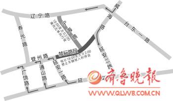 青島登州路禁行路段調(diào)流示意圖。