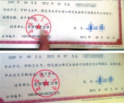 錯(cuò)誤的畢業(yè)證（上圖）寫(xiě)著“修完專業(yè)學(xué)位……”，表述為專業(yè)學(xué)位碩士。正確的畢業(yè)證（下圖）寫(xiě)著“修完碩士研究生……”，表述為學(xué)術(shù)學(xué)位碩士。