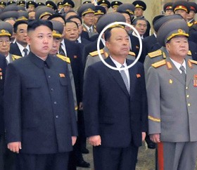 12月17日在朝鮮平壤錦繡山太陽宮舉行的金正日逝世一周年悼念活動中，被推測為朝鮮第二自然科學(xué)院院長崔春植的人（右二圓圈內(nèi)）站在國防委員會第一委員長金正恩旁邊。