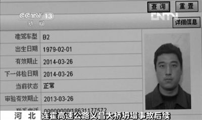 媒體披露的爆炸車輛司機石彥飛的個人信息。央視截圖